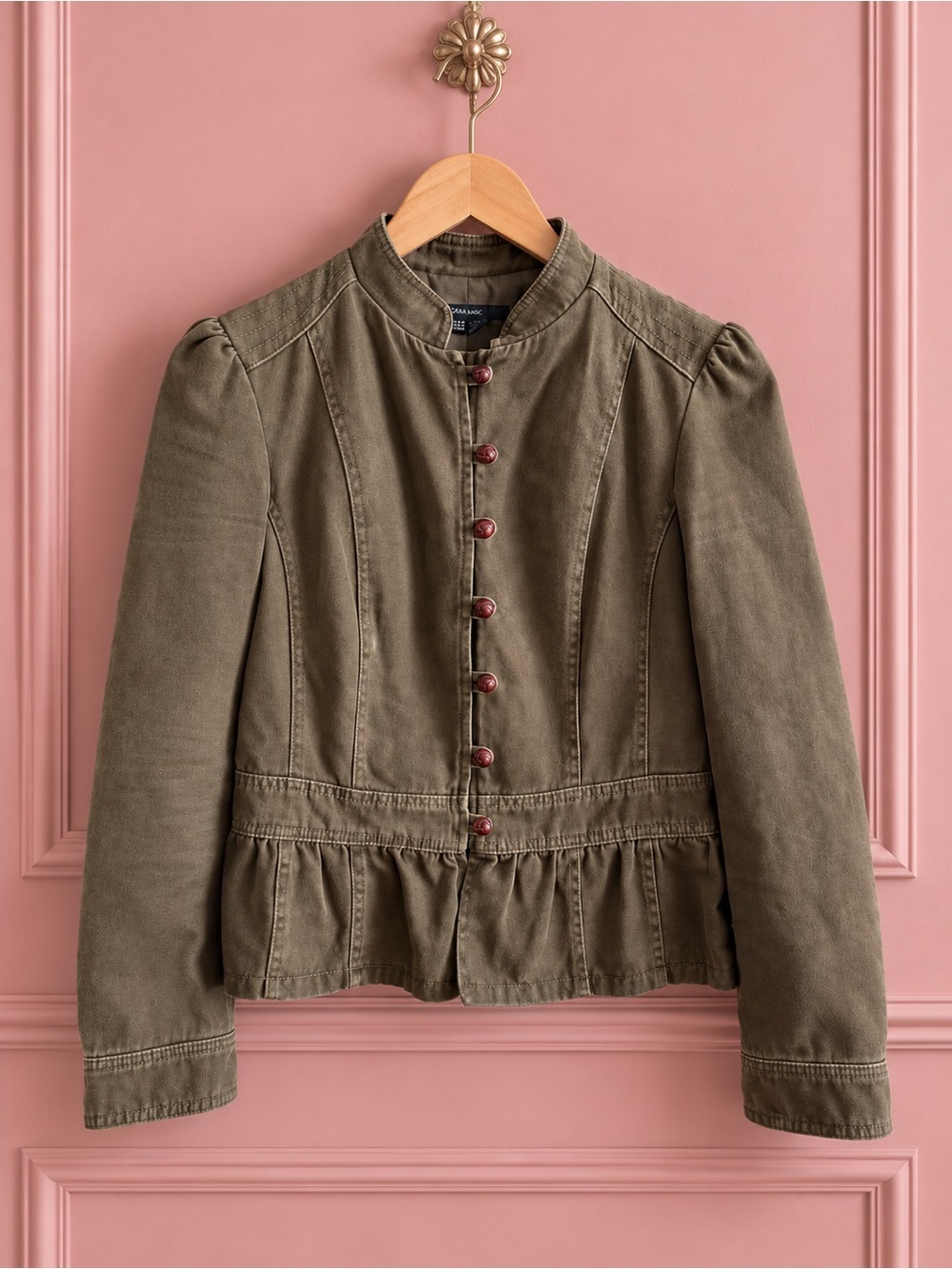 Zara Olive Green Khaki Button-Front Military Jacket Size M